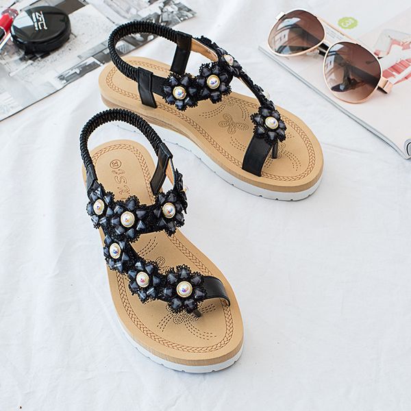 

womens new flower pearl toe beach shoes, Black