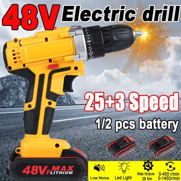 

3 in 1 25 torque electric drill cordless screwdriver 48v 3 speed driver rechargeable 13000mah with 2 li-ion battery 110v 220v