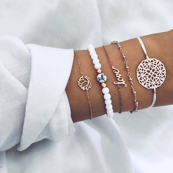 

5pc/set hollow lotus english letter pendant flower white beads bracelets for women boho natural stone bracelet jewelry, Black