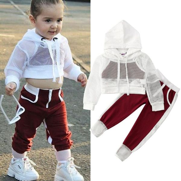 

2-7years toddler kids baby girls clothes mesh hooded +vest+pants outfits tracksuit, White