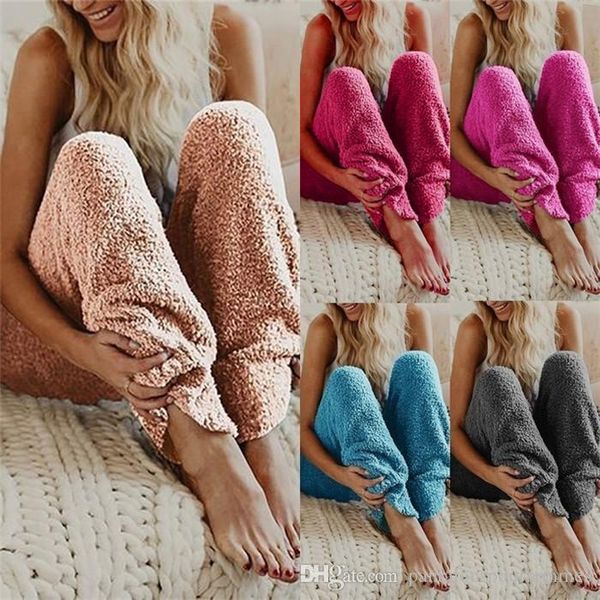 

womens designer solid color loose plush pants casual warm winter pajamas fashion famale pants, Black;white