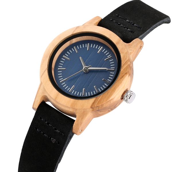 

minimalist women's fashion blue dial wood watch slim black leather bracelet bamboo wood quartz watches women's wrist, Slivery;brown