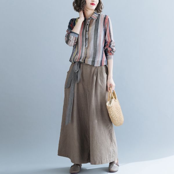 

ewq] 2020 spring summer new pattern lapel long sleeve striped shirt and adjustable waist pant women two set ak99002xl, White