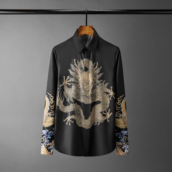 

black mens shirts luxury china dragon printed long sleeve mens dress shirts plus size 4xl slim fit diamond man, White;black