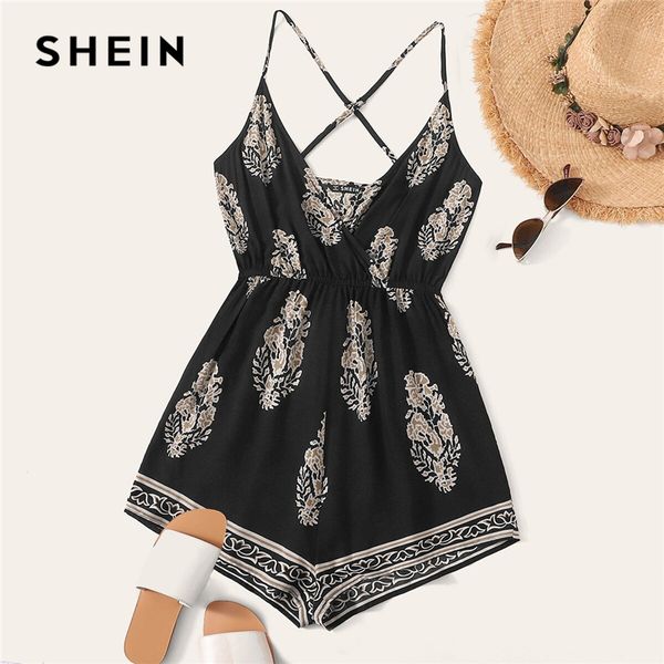 

shein mixed print surplice neck crisscross back romper wrap boho v neck spaghetti strap summer sleeveless wide leg playsuits, Black;white