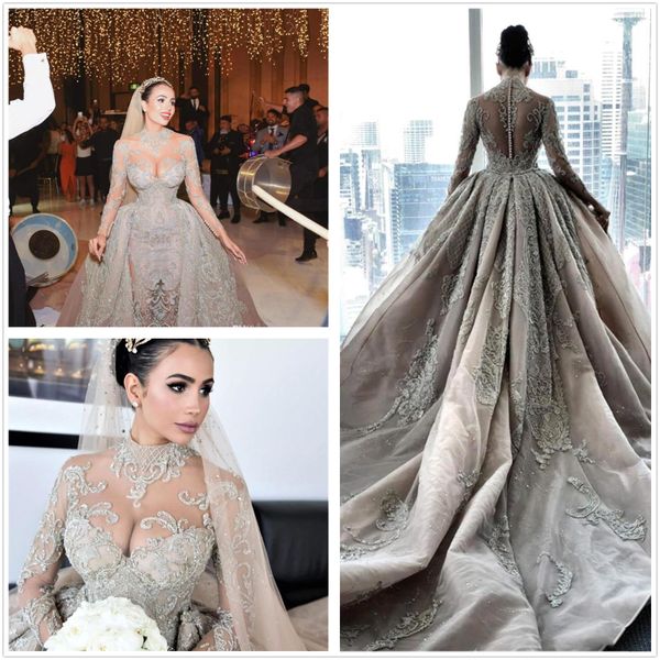 Árabe Pescoço Vestidos de noiva de alta sereia 2020 Sheer apliques Illusion mangas compridas Plus Size Custom Made vestidos de noiva CPH105