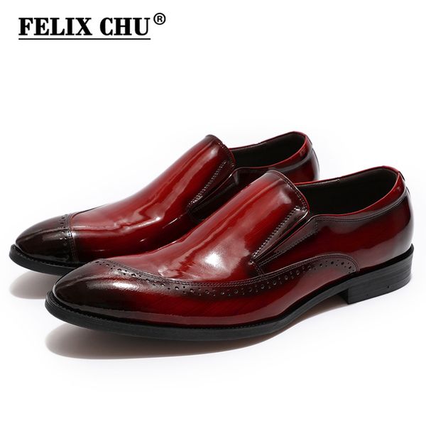 

felix chu mens dress shoes patent leather casual loafers shiny black burgundy leather men shoes slip on wedding party