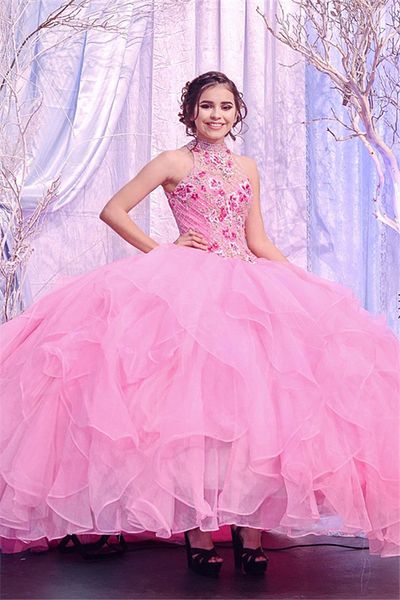 

gorgeous crystals beaded puffy quinceanera dresses 2020 sweet 15 ball gown high neck formal evening pageant gowns plus size vestidos, Blue;red