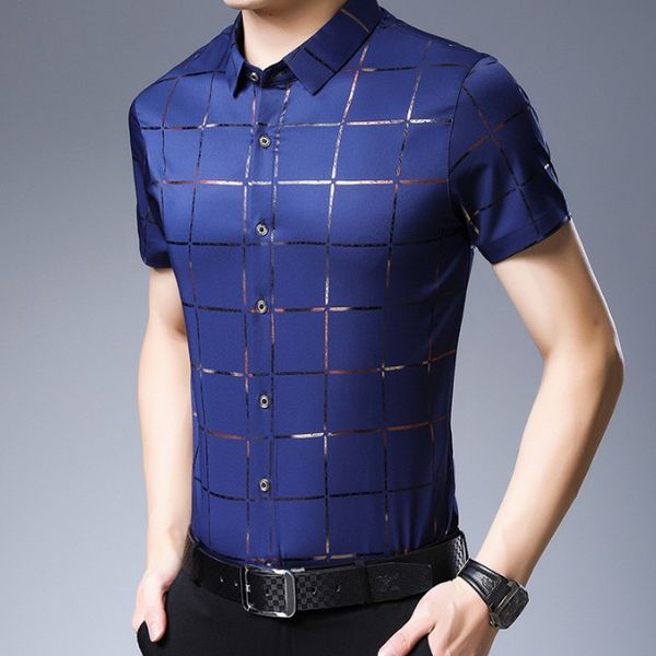 

business casual men turn-down collar plaid shirt slim summer new short sleeve fashion formal shirt comfortable camisa hombre 3xl, White;black