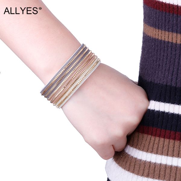 

allyes trendy multilayer wide leather bracelet femme crystal magnetic clasp bohemian wrap bracelets & bangles for women jewelry, Golden;silver