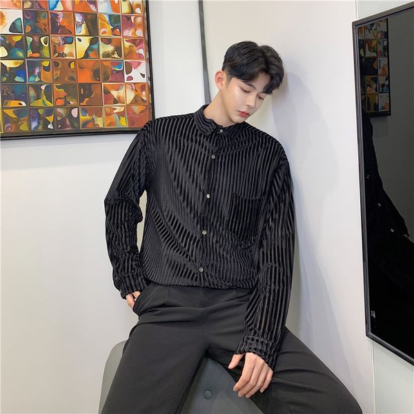 

men long sleeve velvet loose stripe business casual shirt male vintage fashion streetwear hip hop party dress shirt, White;black