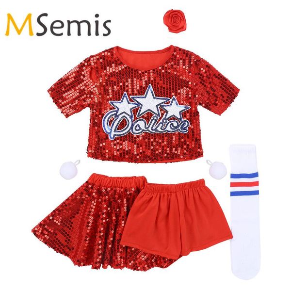 

cheerleading kids girls costume crop with skirt shorts hair clip pom finger rings socks cheerleader outfit