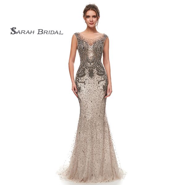 

charming mocha 2019 jewel full beads tulle mermaid dresses formal evening party gowns prom dresses 5398, Black