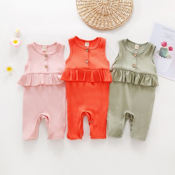

new 2020 summer baby clothing newborn baby girl cute clothes sleeveless sling romper cotton solid jumpsuit ruffle outfits set, Blue