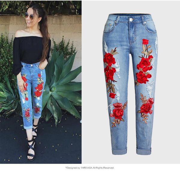 

european&ameircan women's casual hole jeans fashion embroidered plus size xxxl denim pants, Blue