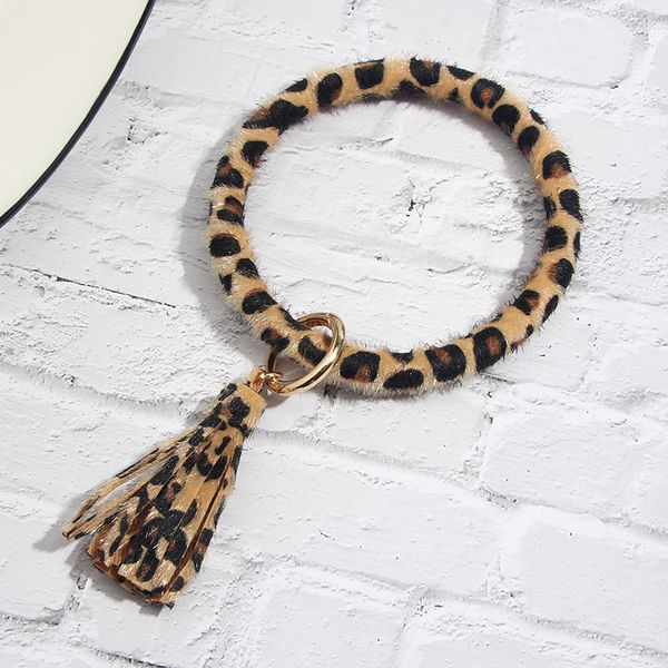 

just feel fashion leopard plush o key chain women girls custom circle multicolor tassel pu leather wristlet keychain accessories, Silver