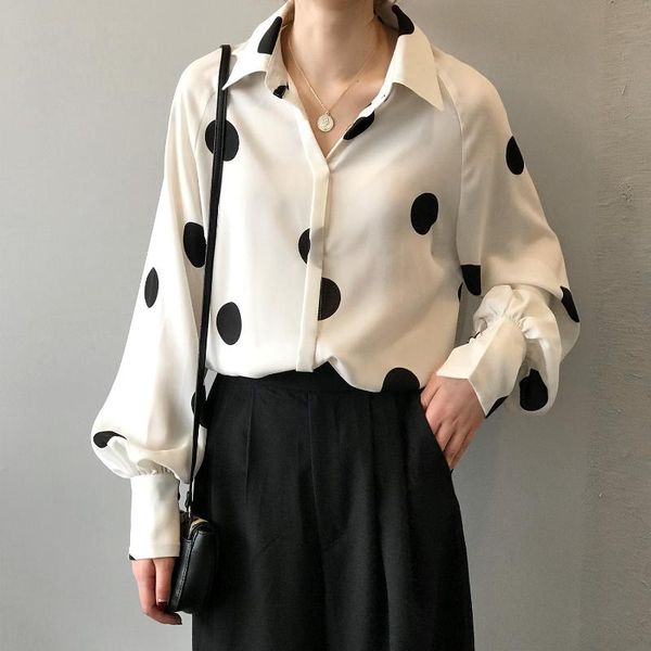 

2020 new women spring chiffon turn down collar oversized big dots print blouses white shirt blusas roupa feminina