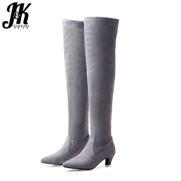 

jk plus size 32-46 med cat heels women boots pointed toe footwear stretch female boot over the knee shoes woman 2018 winter new, Black