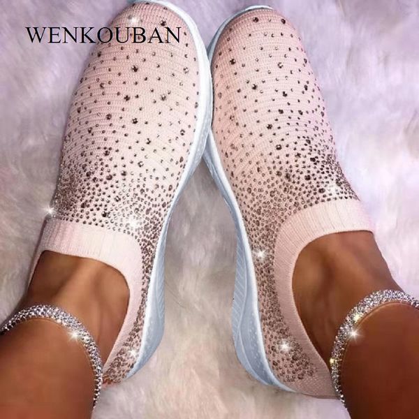 

flat shoes women bling knitted sock sneakers 2019 winter casual loafers ladies slip on breathable vulcanize shoes zapatos mujer, Black