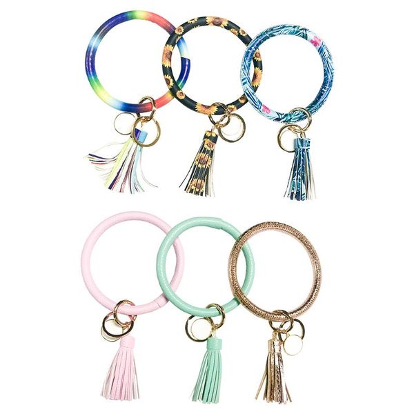 

bohemia pu leather wristlet keychain bangle fashion large circle keyring tassel for women key ring round trendy alloy, Silver
