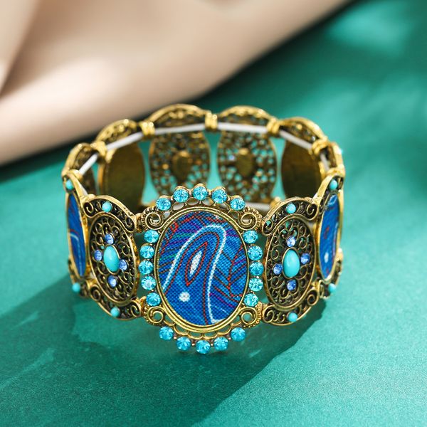 

vintage oval style with colorful rhinestone elastic band bracelet hollow acrylic bangle for women men jewelry, Black