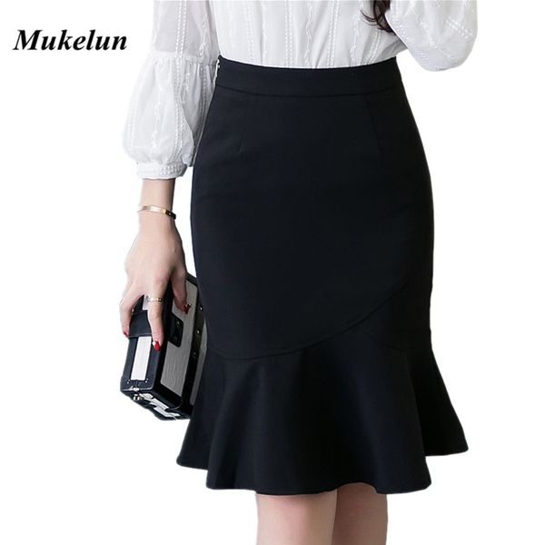 

s-5xl 2019 women pencil skirt fashion ol slim bodycon business wear ruffles hem mermaid style plus size ladies office skirt, Black;gray