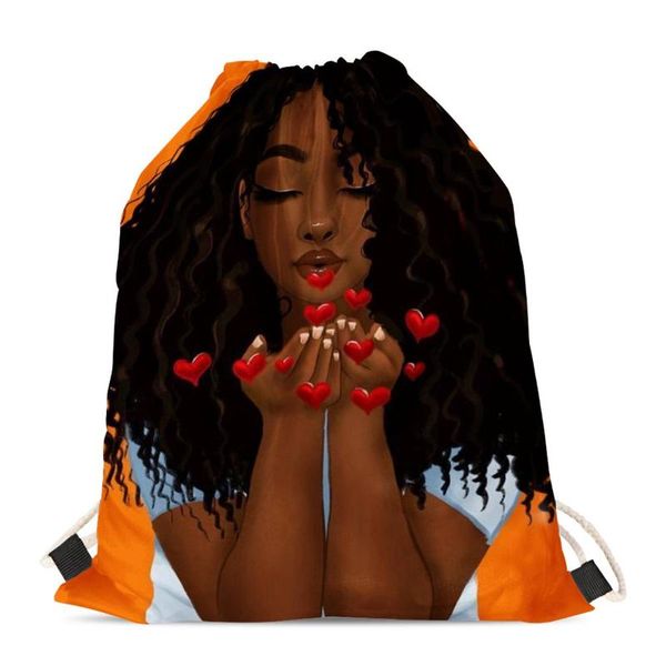 

hycool sport bag drawstring bags heart shape black african girl pattern women outdoor leisure backpack ladies beach string bag