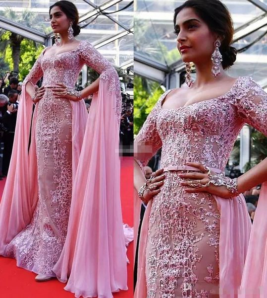 

Sonam Kapoor Elie Saab Overskirt Вечерние платья 2019 Розовые аппликации Вечерние платья на молнии Назад Красный ковер Платья для выпускного платья для знаменитостей