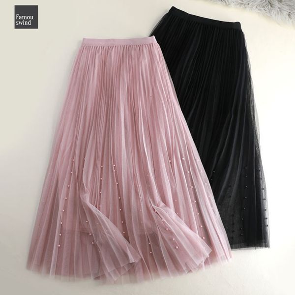 

2019 юбка весна-лето тюль midi юбка женщины плиссе тута юбка бисероплетение линия сетка женской трехслойные длинные юбки, Black