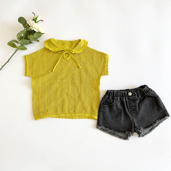 

enkelibb summer kniting t shirt lovely baby girl short sleeve peter pan collar tshirts yellow lovely crochet thin breathabe, Blue