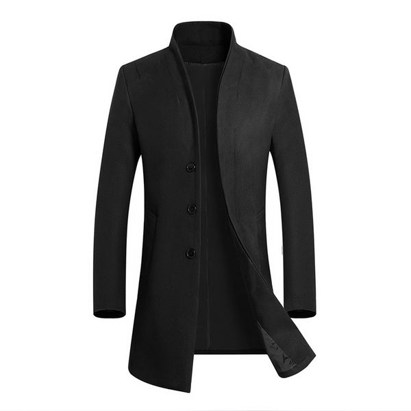 

2018 autumn and winter men's wool long woolen coat / business casual solid color wild self-cultivation stand collar windbreaker, Black