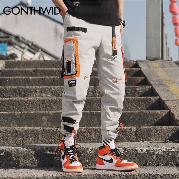 

cargo pants gonthwid мульти карманы грузовой гарем jogger штаны мужчины хип-хоп моды гзк повседневный track брюки streetwear hipster sweatpa, Black