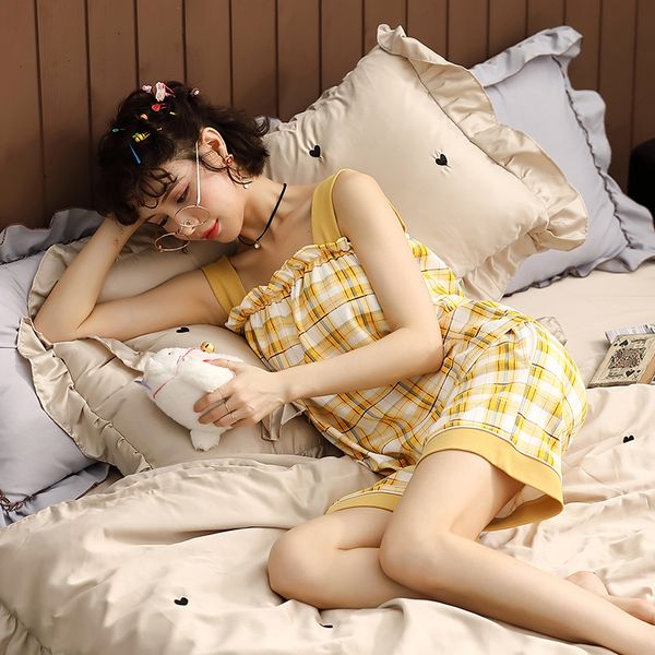 

bzel new arrival cotton pajamas set for women cute fine plaid nightwear homewear soft lounge wear loose pijama mujer summer, Black;red