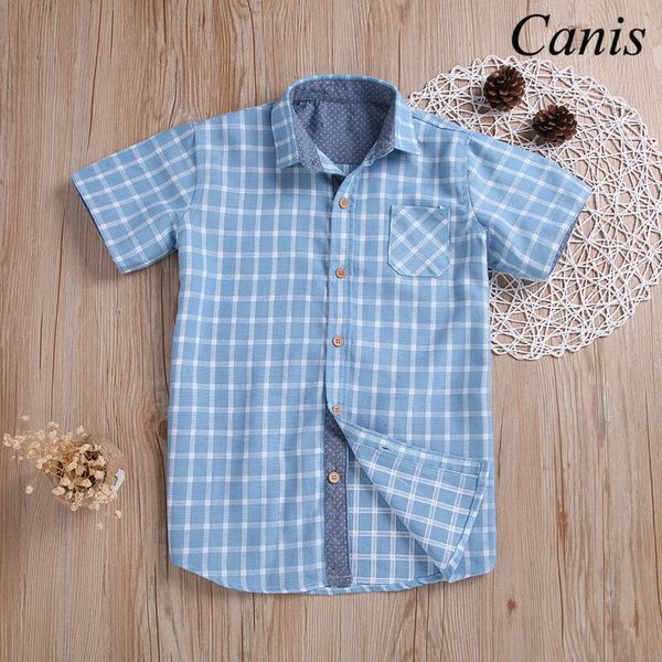 

fashion newborn kids baby boy short sleeve blue plaid shirt blouse formal clothes summer 3-10y, White;black