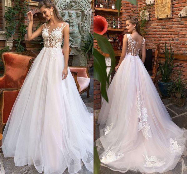 

sexy sheer спинки лето bohemain тюль свадебные платья 2020 новая линия свадебные платья аппликация топ из бисера длинные платья, White
