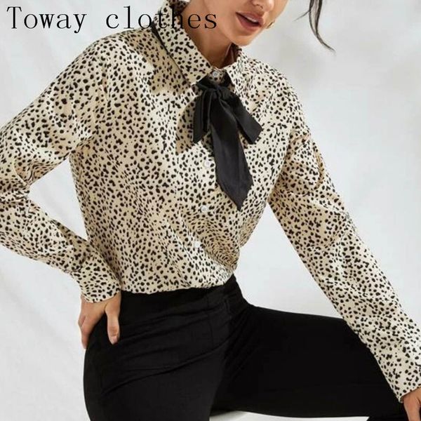

leopard long sleeve women casual blouse shirt summer spring neck tie blouses shirt elegant work wear loose female top, White