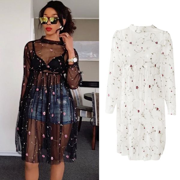 

black sheer mesh dress women autumn 2019 floral embroidery long sleeve knee length a line dress see through clubwear, Black;gray