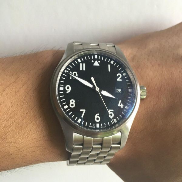 

2019 new pilot automatic date mens watches mark xviii 40mm black dial stainless steel strap sports men's mechanical watch, Slivery;brown