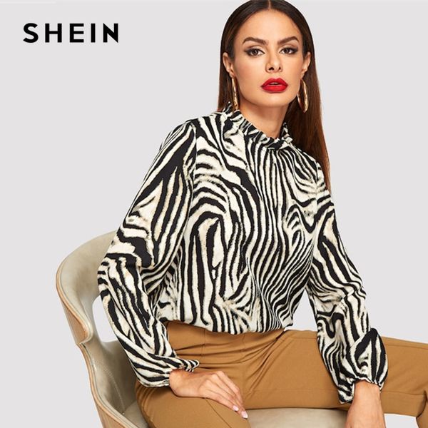 

shein modern lady multicolor frilled neckline zebra pattern pullovers women streetwear autumn minimalist elegant blouse, White