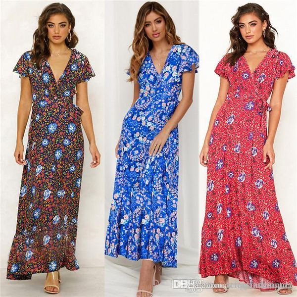 

maxi dresses v neck short sleeve fashion style female clothing fashion style casual apparel womens floral print, Black;gray