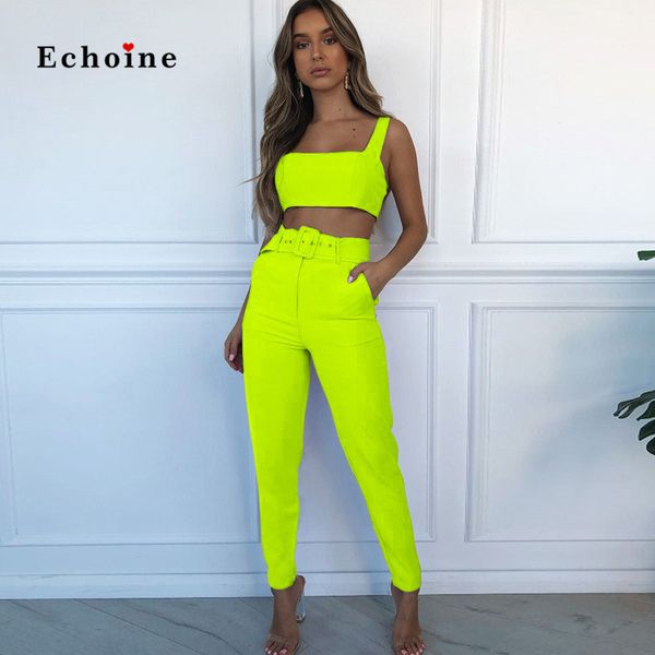

echoine women two piece set crop long sleeve pocket belt casual street suit long pencil pants sportswear female outfit, White