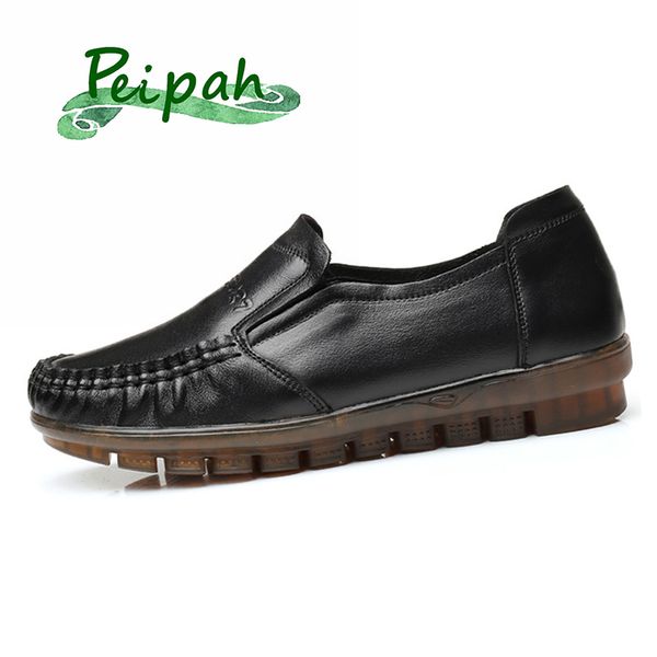 

peipah women's genuine leather shallow spring loafers shoes autumn soft bottom solid flats shoes women slip-on casual footwear, Black