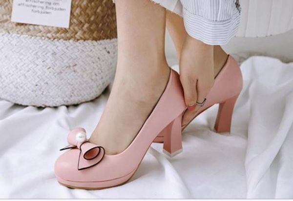 

2019 bowknot women's shoes in spring and autumn with new style high heel coarse heel round head @106, Black