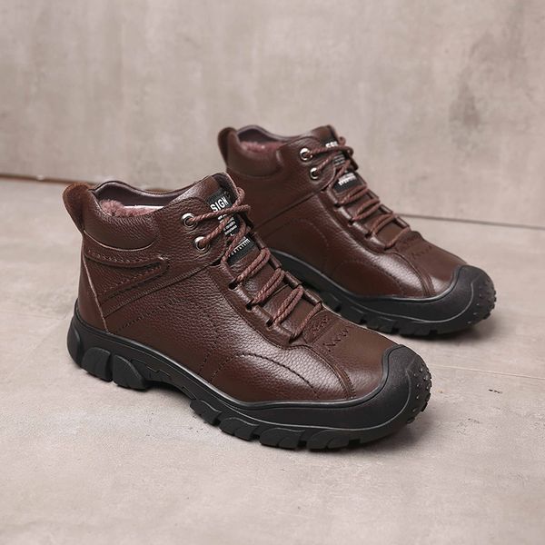 

leather winter boots men plush warm snow boots krasovki men casual shoes outdoor comfortable sneakers botas hombre high quality, Black