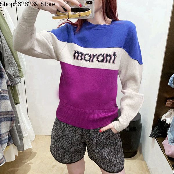 

i~s 2020 pullover shirt spell color letter long sleeve loose women's wear knitting shirt sweater 190644, White;black