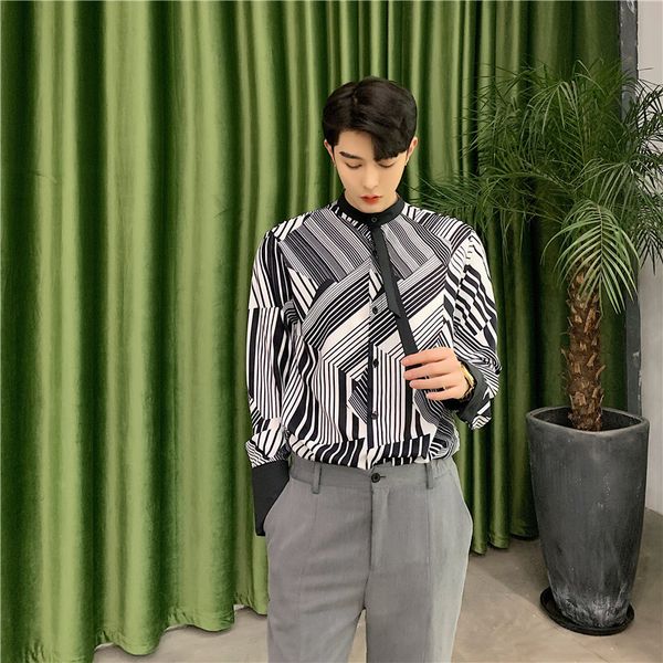 

men fashion black white striped bow tie business casual long sleeve shirt male streetwear hip hop party dress shirts, White;black