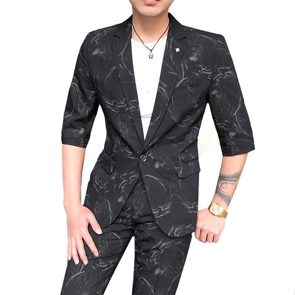 

летний slim fit мужской костюм-двойка (блейзер + брюки) 2020 мода повседневная цветок пальто и брюки, White;black