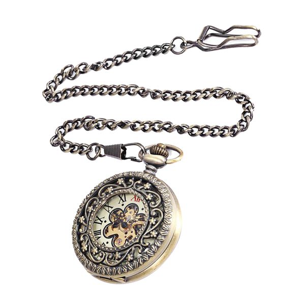 

plum blossom hand-winding mechanical pocket watch, skeleton roman numberals pocket watch for women men, Slivery;golden