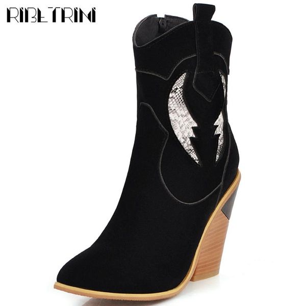 

ribetrini new brand lady high heels pointed toe shoes woman western boots women casaul office autumn winter boots, Black