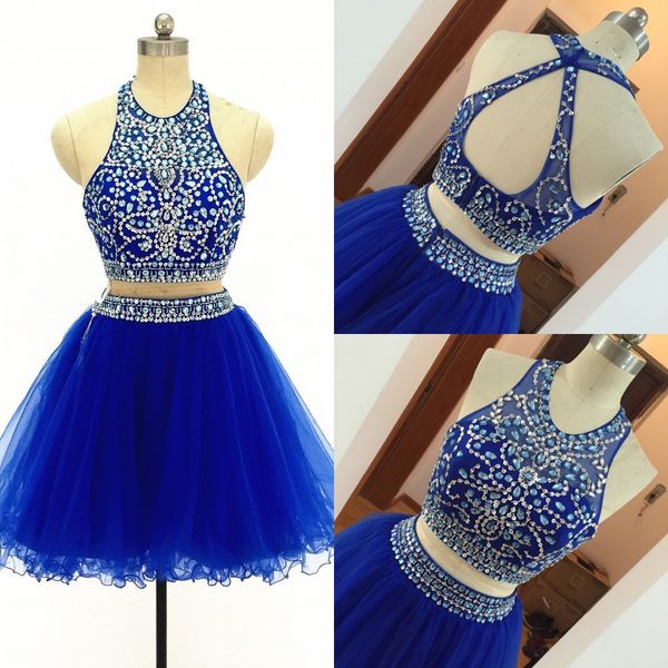 2020 Royal Blue 2 Piece Выпускной Градиция Домашнее платье с коротким тюль из бисера Хрустальные трубопроводы Холтер Backbless Prom Платье Мини Юниоры Вечерние платья